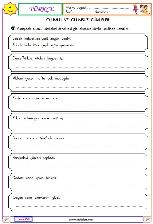 4. Sınıf Türkçe Olumlu ve Olumsuz Cümle Etkinliği